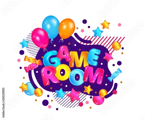 Children game room sign with festive balloons and confetti, kids activity park play zone banner with fun decorations