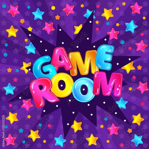 Children game room's banner cartoon vector illustration on colorful background.