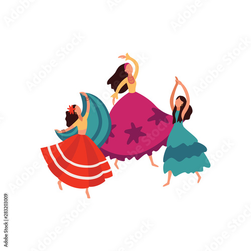 Gypsy women and girls dance in lush beautiful skirts.
