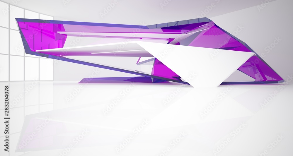 Abstract architectural glass violet interior of a minimalist house with large windows. 3D illustration and rendering. Abstract architectural glass violet interior of a minimalist house with large windows. 3D illustration and rendering.