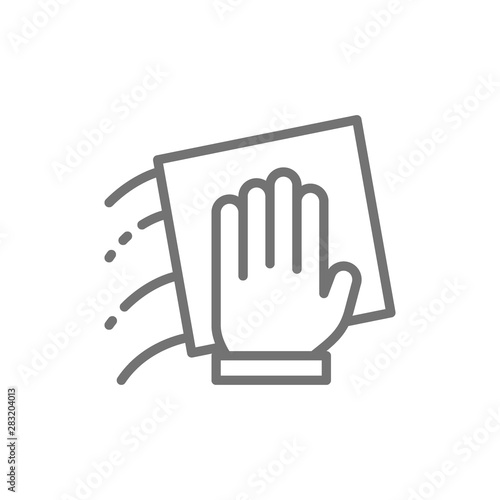 Hand with a rag, cleaning line icon.