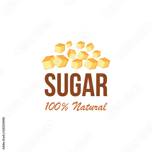 A pile of one hundred percent natural brown sugar cubes from cane with text.