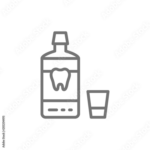 Mouthwash, mouth rinse, dental care line icon.