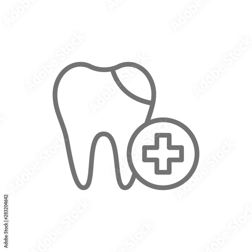 Vector dental filling, cured tooth line icon.