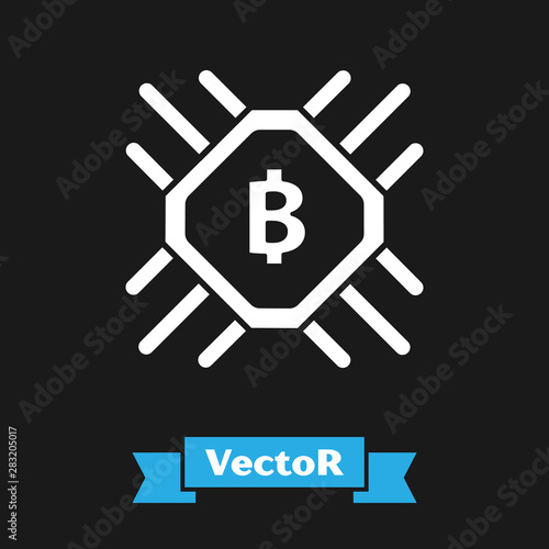 White CPU mining farm icon isolated on black background. Bitcoin sign inside processor. Cryptocurrency mining community. Digital money. Vector Illustration
