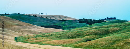 Beautiful landscape in Tuscany, Italy. The most evocative Tuscan landscapes. Vintage tone filter effect with noise and grain.