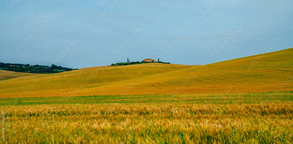 Beautiful landscape with farmhouse, one of the most famous places in Tuscany, Italy. Europe tourism or holiday vacation travel concept. Vintage tone filter effect with noise and grain.