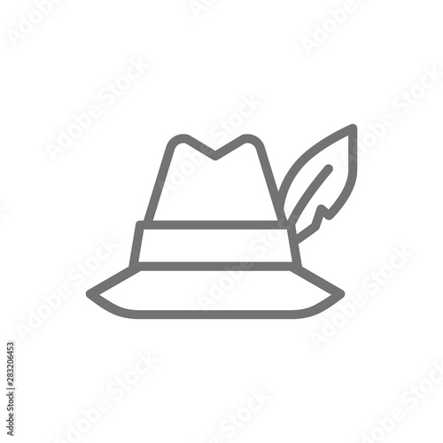 Hat with feather, hunter headdress line icon.