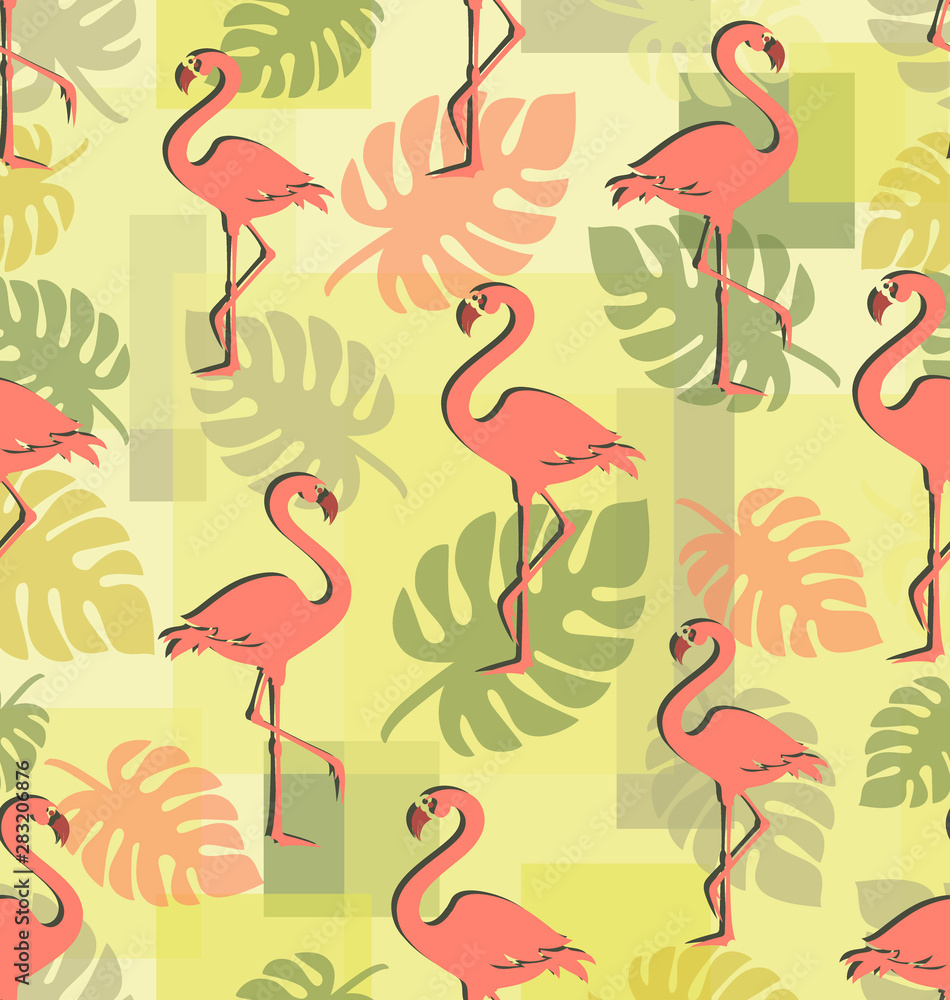 Coral flamingo with tropical leaves. Seamless pattern. Romantic background  with tropical birds. Trendy flamingos among tropical foliage and geometric  shapes. Stock Vector | Adobe Stock