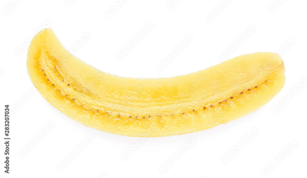 sliced peeled banana isolated on white background. sliced peeled banana isolated on white background.