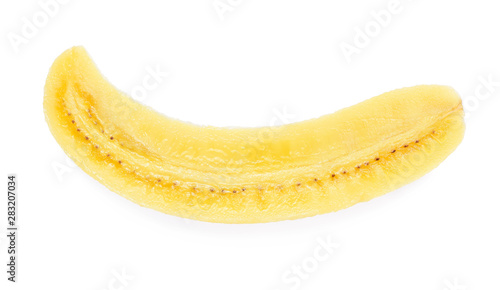 sliced peeled banana isolated on white background.