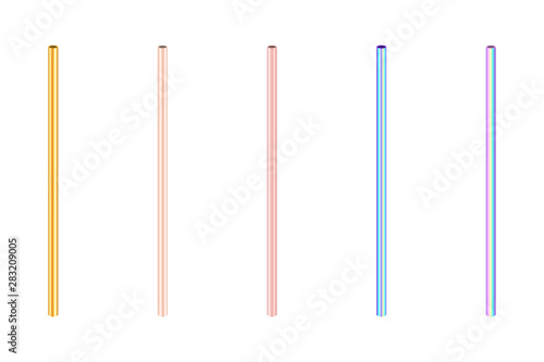 gold and colorful colored metallic stainless straight drinking straws as eco-friendly replacement to plastic and paper tubes for birthday, party or events, stock vector illustration 3d objects