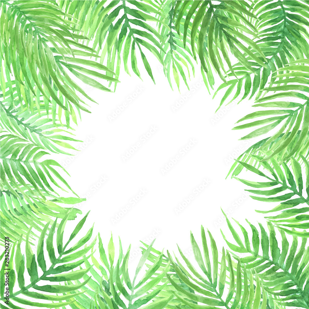 Vector watercolor frame of acai palm leaves.