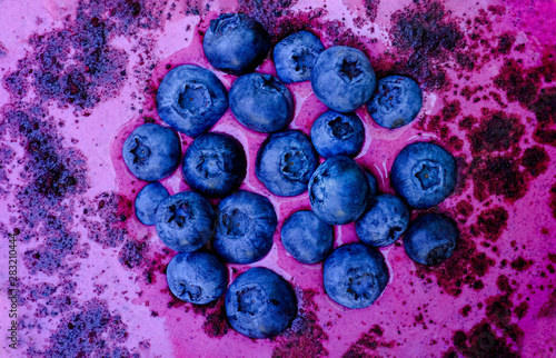  Blueberries and freeze-dried berry powder on top of yogurt. A healthy breakfast full of antioxidants
