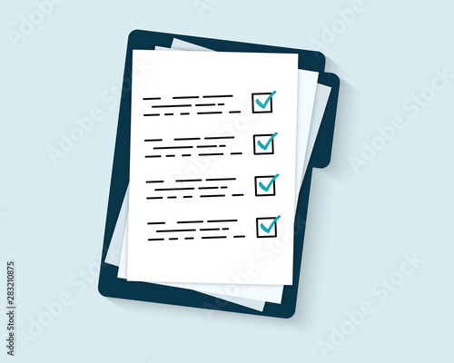 Folder with Checklist isolated. Contract papers.Exam form. Document. Folder with document checklist and stamp, text.