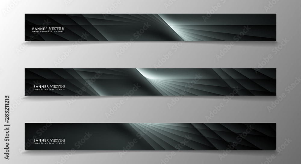 Banner collection, vector background with glowing neon gray stripes in a dark room.