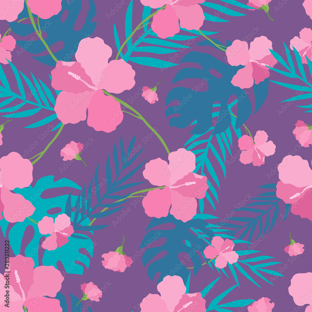Tropical seamless pattern with bright flowers and leaves of monstera and palm trees. Tropical seamless pattern with bright flowers and leaves of monstera and palm trees.