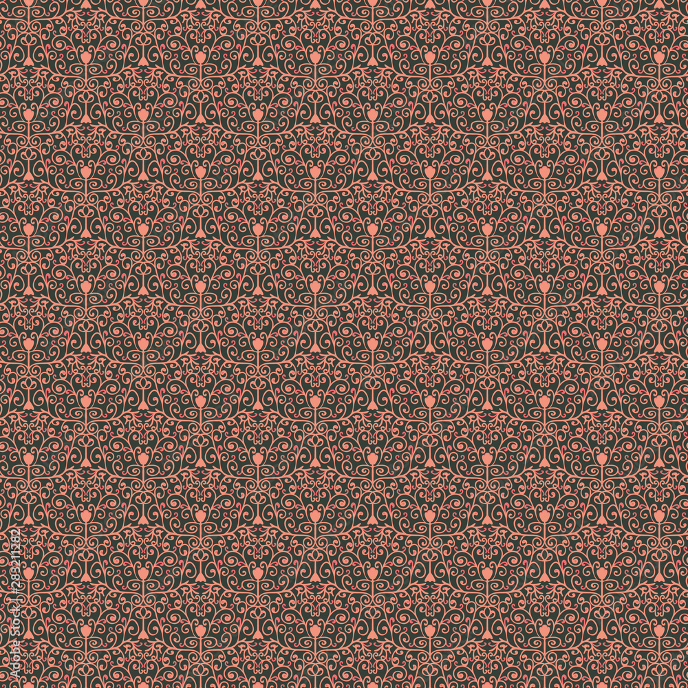 Fototapeta premium A seamless vector pattern with ornate swirls and simple tulip flowers. Surfface print design.