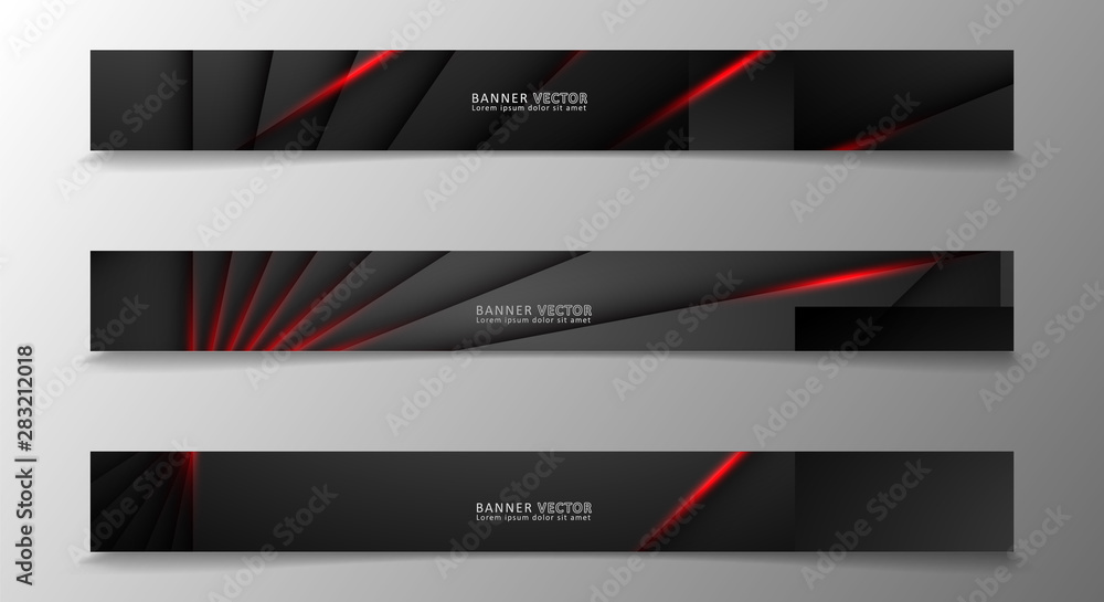 Fototapeta premium Banner collection, vector background with glowing neon red stripes in a dark room.