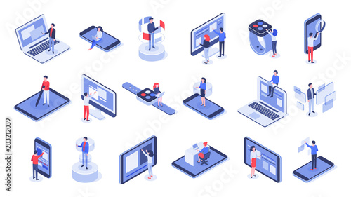 Isometric user interface. Online office, device interactions and touch mobile interfaces. Message sharing social app test drawing, ui seo process testing. Isolated 3d icons vector set photo