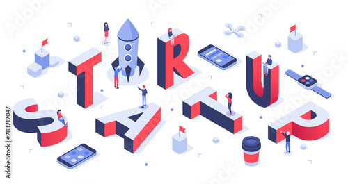 Isometric startup lettering. Company launch, startups business banner and abstract creative. Creativity it startup teams meeting or teamwork 3d vector background illustration