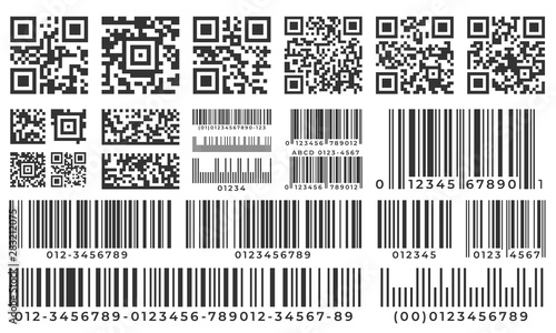 Barcodes. Scan bar label, qr code and industrial barcode. Product inventory badge, codes stripe sticker and package bars. Supermarket scanning barcode sign. Isolated vector icons set