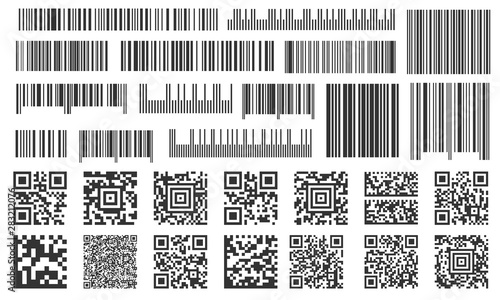 Digital barcode. Supermarket bar labels, shop inventory code and technology codes bars. Barcodes scan, sale coding number or retail shop barcoding sticker. Isolated signs vector set