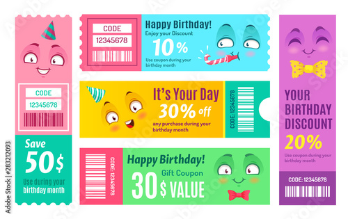 Happy birthday promo voucher. Anniversary coupon, happy gift vouchers and smiling promo code coupons template. Kawaii manga face birthday shopping certificate. Isolated vector symbols set