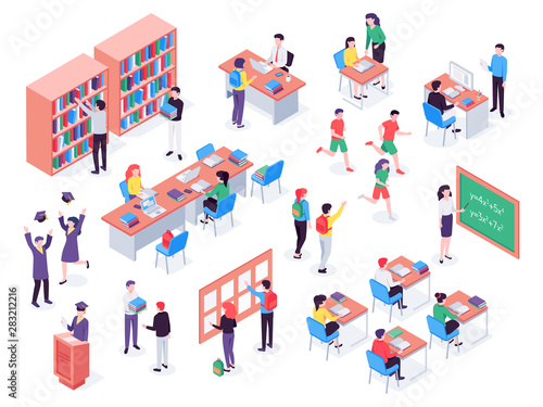 Isometric school. Childrens and teacher in classroom  students in schools library and education classroom. Pupils social communication on math lesson. Isolated vector 3d illustration icons set