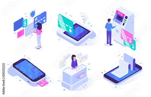 Isometric online cashier. Cash register terminal purchase checkout, sales outlet with buyers and atm customer. Banking payment cashier services. Isolated vector illustration icons set