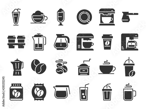 Coffee silhouette icons. Hot drink cup, coffee machine and beans. Cafe menu logotype, espresso cappuccino or latte coffee brainstorm vector pictograms isolated set
