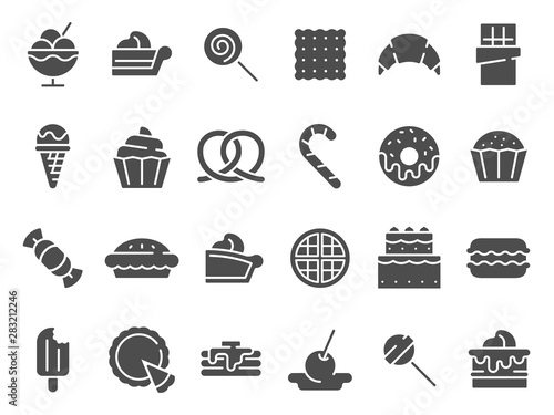 Desserts silhouette icon. Sweet muffin cakes, dessert ice cream and chocolate pie. wedding or birthday cake, pastry food muffin, donut and croissant logo. Isolated vector icons set