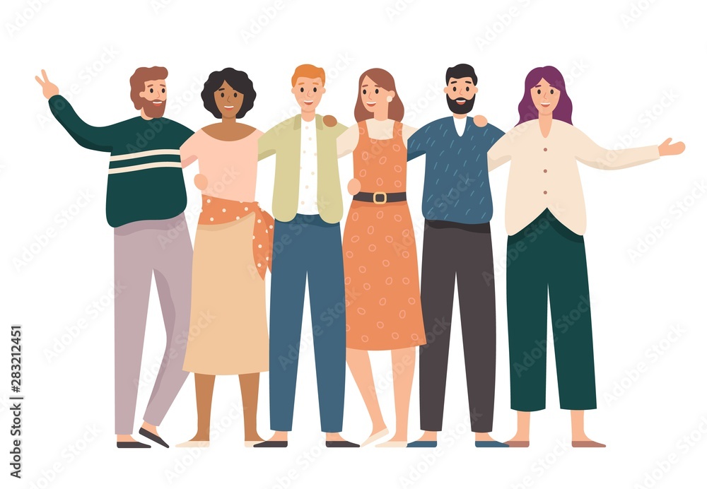 © Tartila - Embracing friends group portrait. Happy students, school teenagers friends stand together and friendship. School classmate teenager friend character or corporate colleagues meeting vector illustration © Tartila - Embracing friends group portrait. Happy students, school teenagers friends stand together and friendship. School classmate teenager friend character or corporate colleagues meeting vector illustration