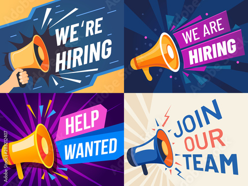 Now hiring banner. We are hiring, join our team and vacancy announcement flyer template. Recruitment companies advertisement, leandership job career vacancy hr offer vector set