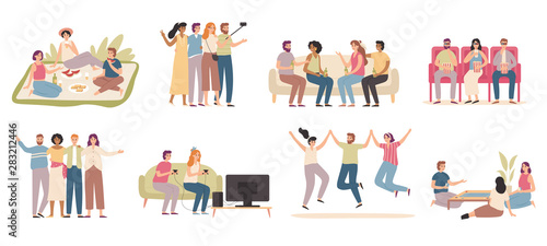 Happy friends. Friendly people spend time together, friend playing game and talking with friends. Millennials teen friendship celebrating hugging, Flat isolated vector icons illustration set