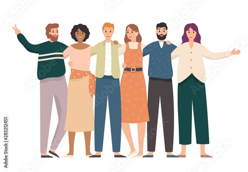 Embracing friends group portrait. Happy students, school teenagers friends stand together and friendship. School classmate teenager friend character or corporate colleagues meeting vector illustration