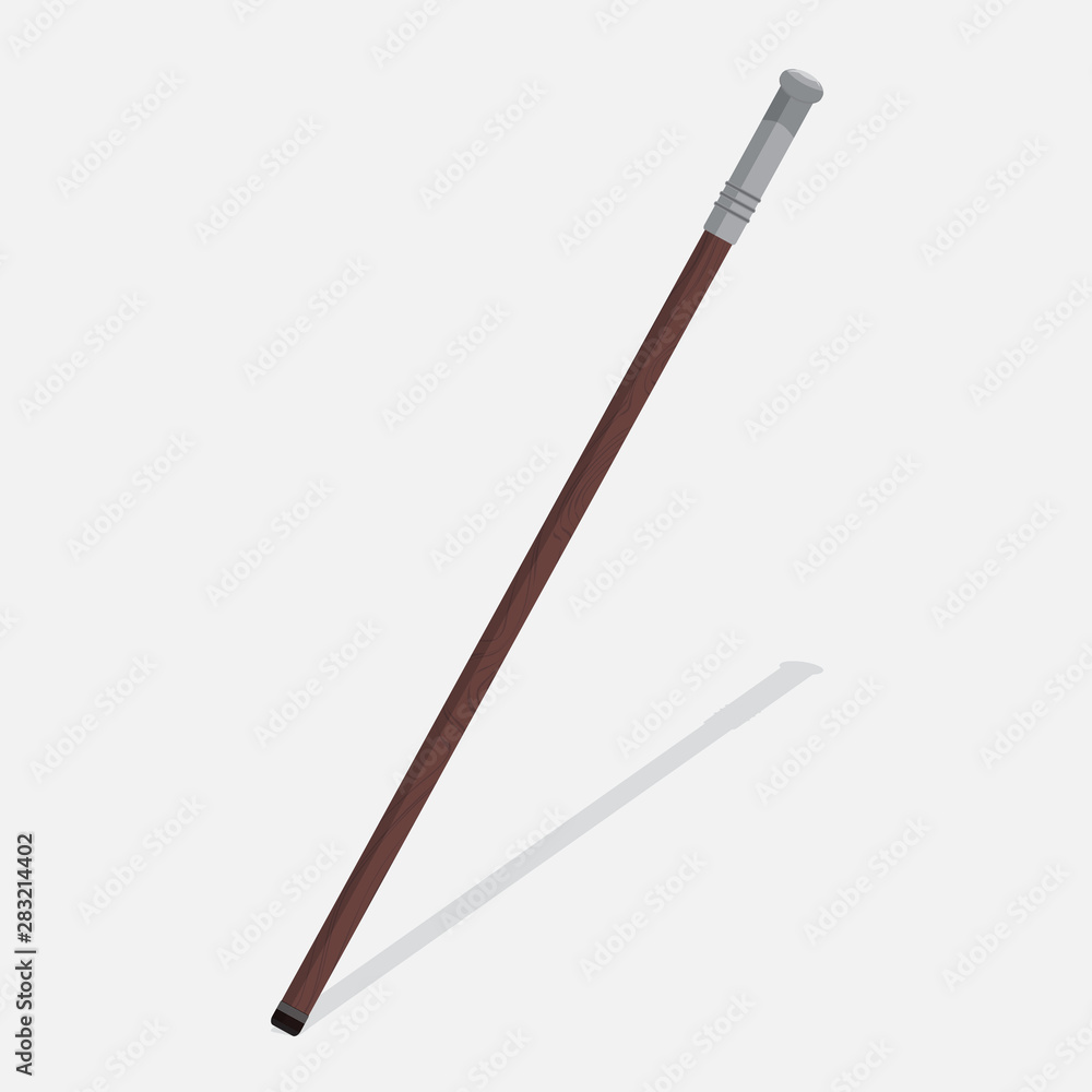 Wooden walking stick cane with silver handle. Flat design. Vector illustration. Wooden walking stick cane with silver handle. Flat design. Vector illustration.