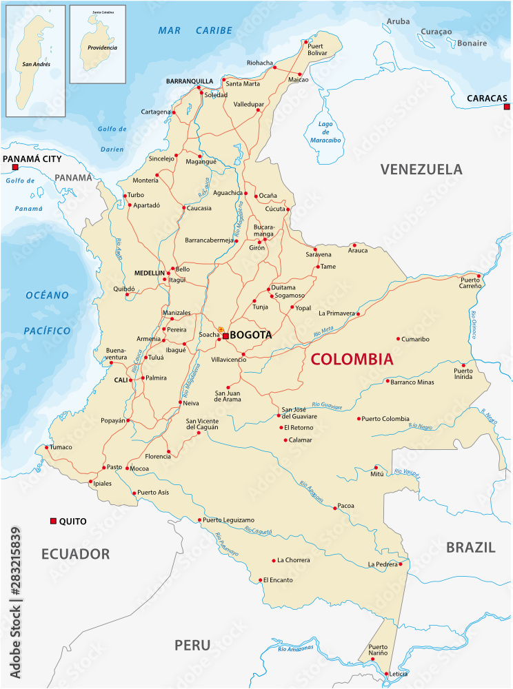 Obraz premium Map with the main roads and rivers of Colombia