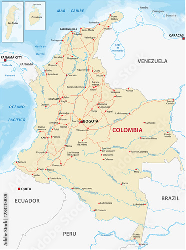 Map with the main roads and rivers of Colombia photo