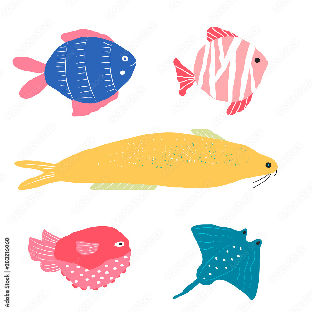 Underwater creature, collection of different fish isolated on white, marine animals for fabric, textile, wallpaper, nursery decor, prints, childish background. Vector