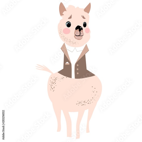 Lama, alpaca, children`s fairy-tale character, hand-drawn, vector image
