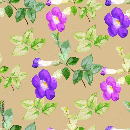 Thunbergia erecta, purple color flower seamless pattern vector illustration
