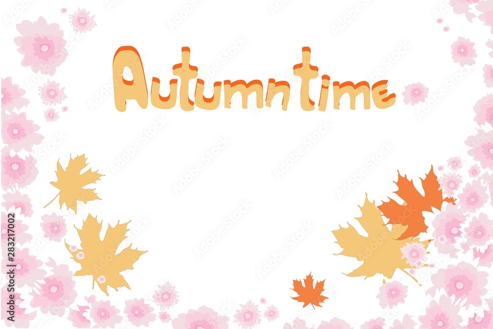 Autumn background, frame, and lettering autumn time, vector illustration