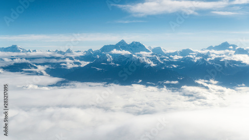 Mount Everest aerial view from a mountain flight, in Nepal