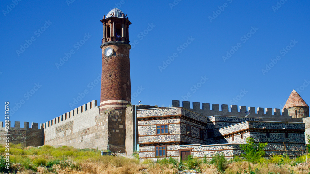 Erzurum historical clock tower and castle