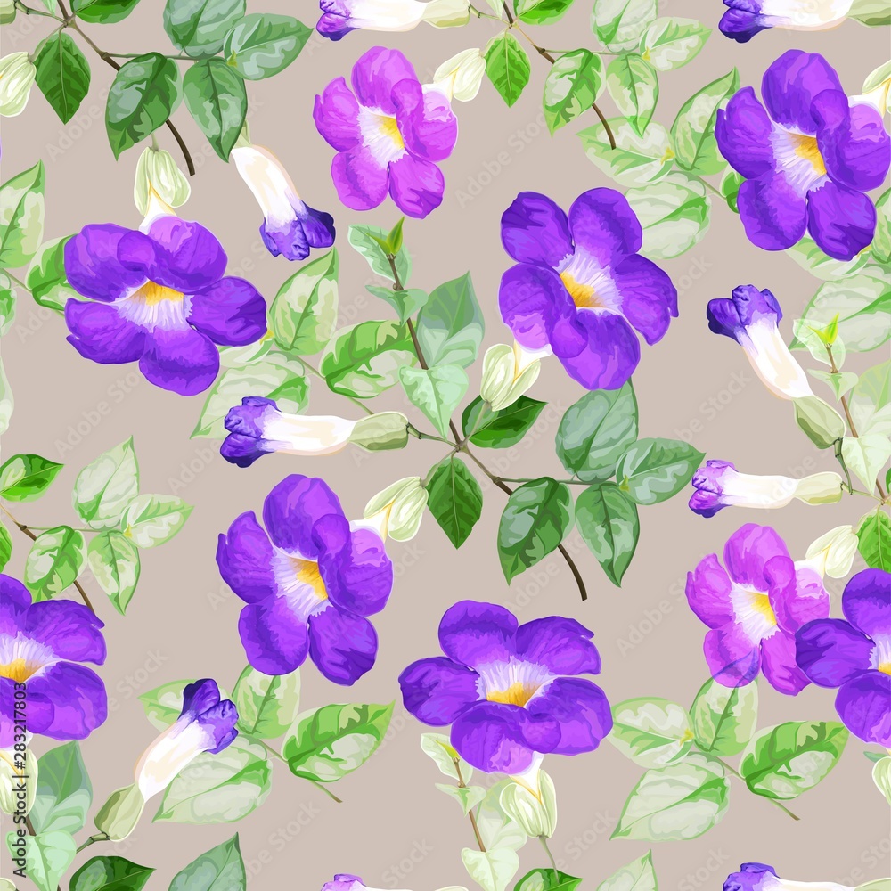 Thunbergia erecta, purple color flower seamless pattern  vector illustration