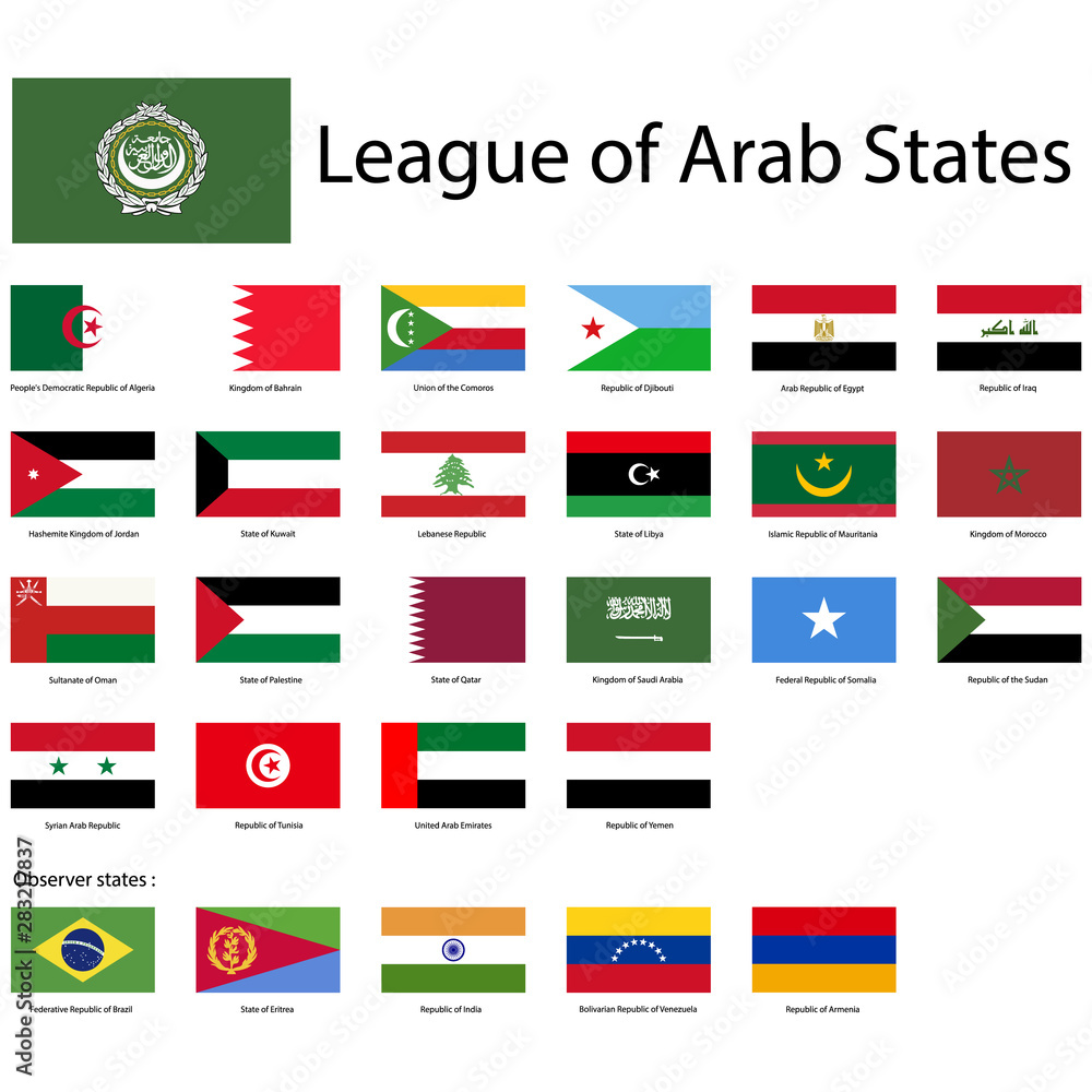 League of Arab States. National flags, correct proportions. Abstract concept, icon set.