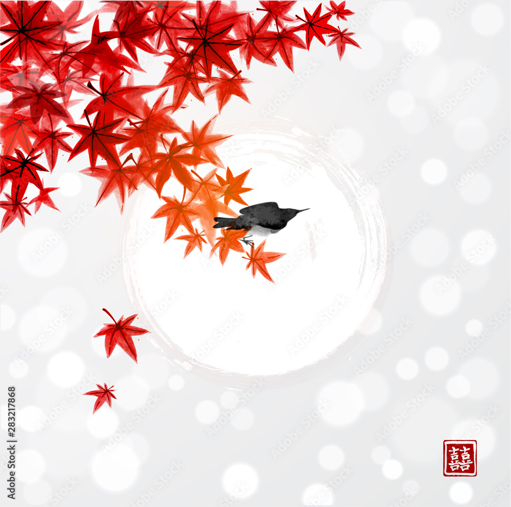 Red japanese maple leaves and shining sun in the sky. Traditional Japanese ink wash painting sumi-e. Hieroglyph - double luck. Red japanese maple leaves and shining sun in the sky. Traditional Japanese ink wash painting sumi-e. Hieroglyph - double luck.