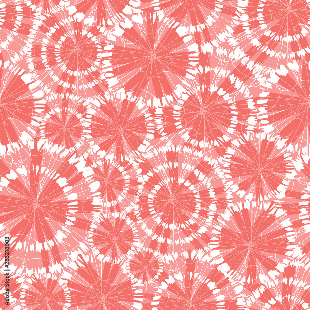 Vector coral pink shibori circle wheels overlap seamless pattern. With spiderweb detail. Suitable for textile, gift wrap and wallpaper. Vector coral pink shibori circle wheels overlap seamless pattern. With spiderweb detail. Suitable for textile, gift wrap and wallpaper.