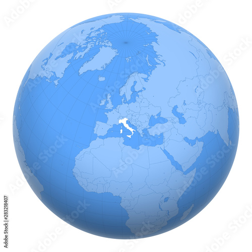 Italy on the globe. Earth centered at the location of the Italian Republic. Map of Italy. Includes layer with capital cities.